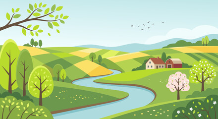 Fototapeta premium Green Countryside Landscape with River, Hills and Small Village