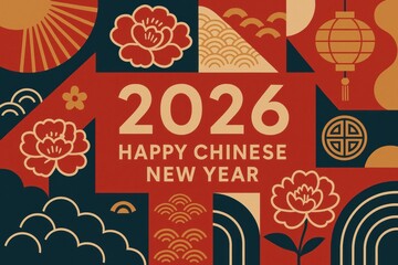 Modern Chinese New Year 2026 template for greeting cards and banners with contemporary festive art