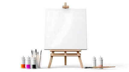 Empty white canvas on wooden easel with paint bottles, brushes, and palette knife, showcasing essential art supplies for creative painting sessions.