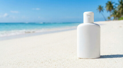 White sunscreen bottle on sandy tropical beach by the sea