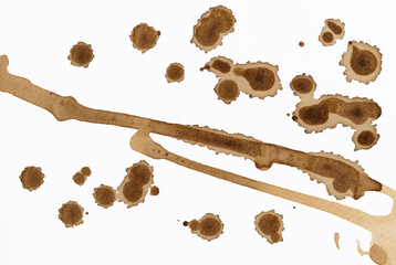 A white sheet of paper stained with black coffee, blots and streaks