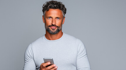 Man Using Modern Banking App on Smartphone, Clean Financial Technology Portrait