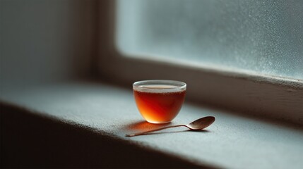 A tranquil moment with a small glass of amber tea and a copper spoon on a windowsill