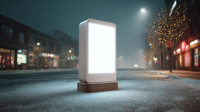 Glowing digital billboard on a snowy city street at night with festive lights