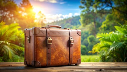 Vintage Leather Suitcase in Tropical Setting Symbolizing Travel and Editorial Styling for Adventure and Lifestyle Use