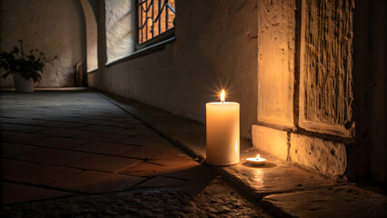 Lonely Burning Candle in Dark Rustic Room