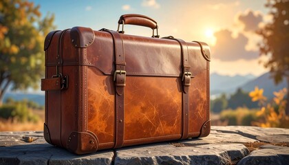 Vintage Leather Suitcase in Tropical Setting Symbolizing Travel and Editorial Styling for Adventure and Lifestyle Use
