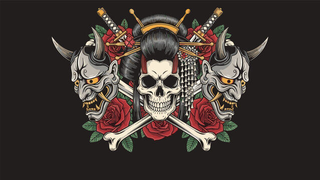 Intricate japanese inspired illustration featuring a female skull two oni masks crossed bones red roses and traditional katanas.