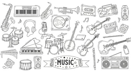 Doodle Vector Illustration of Various Musical Instruments and Equipment