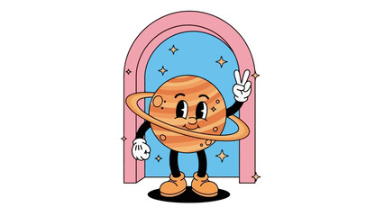 Friendly Planet Character with Saturn Rings in Retro Cartoon Style © Ahmad