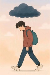 Sad Cartoon Boy Walking Under Rain Cloud &ndash; Depression and Emotional Burden Concept