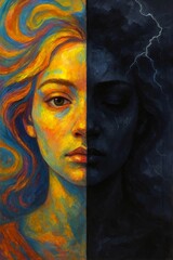 Colorful and Dark Split Portrait of Woman &ndash; Emotional Duality and Inner Conflict Concept