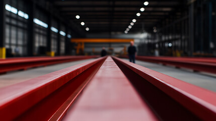 Fototapeta premium Parallel Perspectives: Rows of red metal structures in a vast industrial space, with blurred figures adding a sense of scale and activity in the background. Lights overhead.