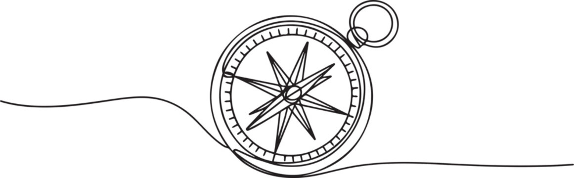 One continuous line drawing of traveller compass, Continuous Line Drawing of Compass Icon. Hand Drawn Symbol Vector Illustration. one line Icon drawing