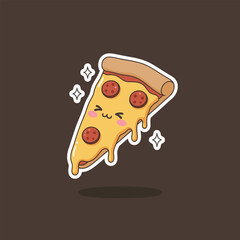 Cute Pepperoni Pizza Slice with Kawaii Face and Sparkles.