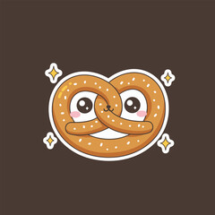 Cute Pretzel Cartoon Character with Sparkling Stars Illustration.