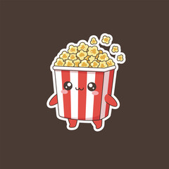 Cute Cartoon Popcorn Character with Striped Bucket and Smiling Face.