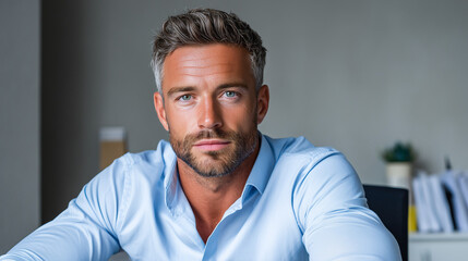 Fintech Professional Seated Calmly at Desk, Corporate Trust Portrait