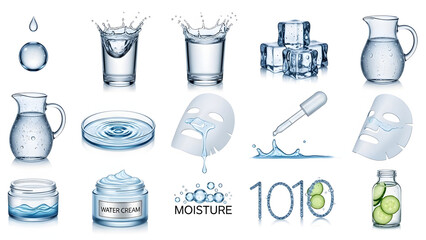 Blue hydration and water purity icon set with droplets