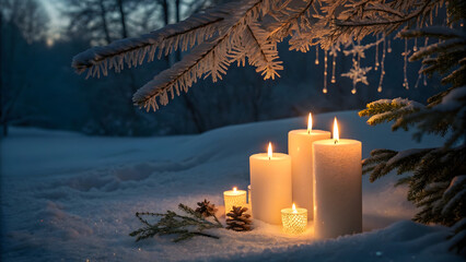 Warm Candles Glowing in Snowy Winter Forest