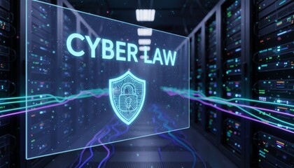 A digital representation of a data center featuring the term "Cyber Law" with a shield emblem, symbolizing cybersecurity and legal protection in technology.