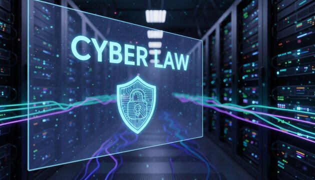 A digital representation of a data center featuring the term "Cyber Law" with a shield emblem, symbolizing cybersecurity and legal protection in technology. - Powered by Adobe
