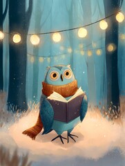An owl stands in a winter forest, reading a book and wearing a scarf under string lights.