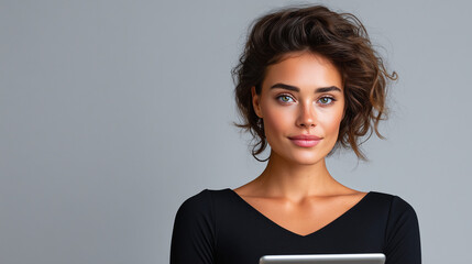 Woman Reviewing Financial Data on Tablet, Minimalist Corporate Trust Portrait