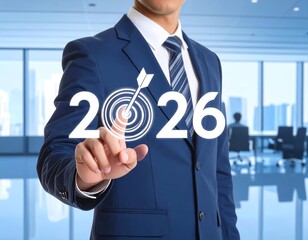 Businessman Aiming for 2026 Goals on a Digital Screen in a Modern Office