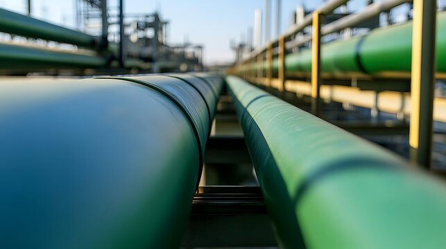 Parallel Pipeline System:  Interconnected green and blue pipes stretch toward the blurred refinery background. These conduits enable the safe conveyance of essential resources.