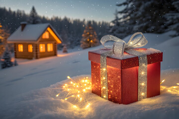 Christmas Gift Box with Lights in Snowy Village
