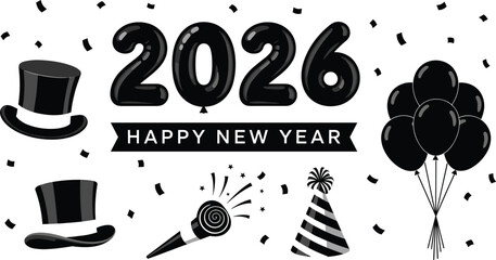 Happy New Year 2026 Celebration Elements with Balloons and Hats Keywords: happy new year, 2026, celebration, party, balloons, top