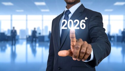 Businessman Pointing at Virtual Screen with 2026 and Dart Arrow