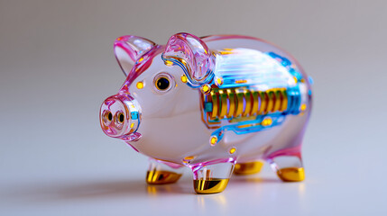Transparent Digital Piggy Bank with Glowing Elements, Modern Fintech Savings Still Life