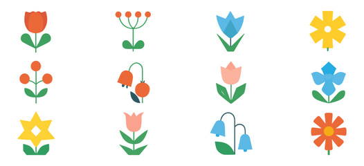 Stylized Flower Grid &ndash; Colorful Botanical Icons in Modern Retro Illustration