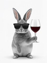 white rabbit with wine and glasses. Funny fluffy rabbit in Sunglasses