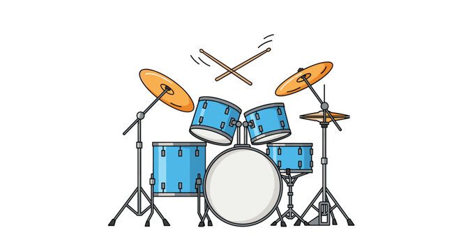 A complete blue drum kit with cymbals and crossed drumsticks flying in the air, ready for a rock music performance.