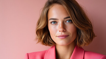 Female Fintech Founder Portrait, Calm Confident Leadership in Neutral Blazer