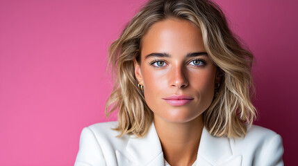 Female Fintech Founder Portrait, Calm Confident Leadership in Neutral Blazer