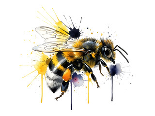 Bee in watercolor style with vibrant yellow and black colors on white background for eco-friendly branding