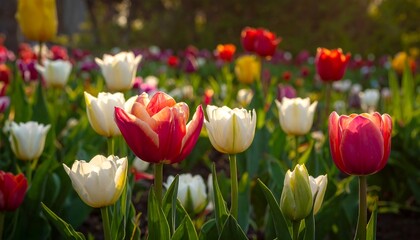 Field of colorful tulips bathed in warm sunlight, soft focus