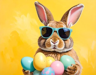 Cool Bunny in Sunglasses Holding Pastel Easter Eggs