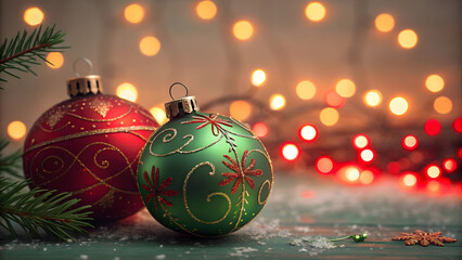 Colorful Christmas Balls with Festive Bokeh Lights