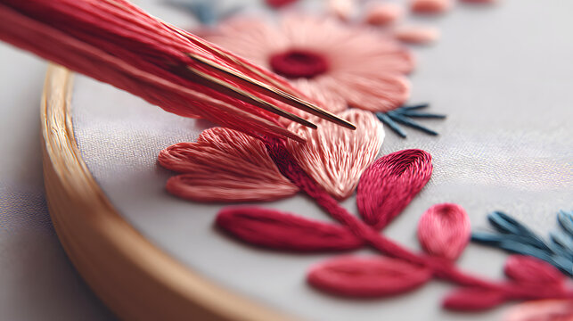 Close-up of a needle with thread working on a floral embroidery pattern in an embroidery hoop, showcasing handcraft and textile artistry.