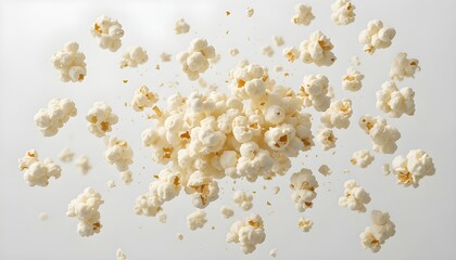  
"Fresh popcorn pieces flying in mid-air, isolated on a clean background with clipping path, realistic textures and fluffy details, high-resolution, dynamic motion captured with slight shadows, perfe