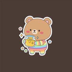 Cute Bear with Honey Jar in Rainbow Outfit Sticker Design.