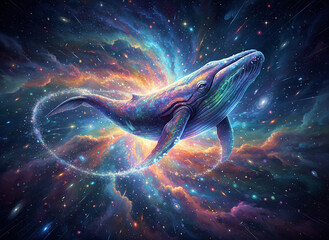 Surreal whale swimming through cosmic nebula