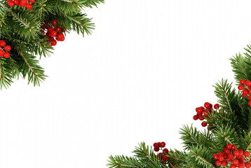 Festive corner arrangement of evergreen branches and vibrant red berries on a dark field