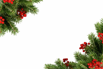 Festive corner arrangement of evergreen branches and vibrant red berries on a dark field