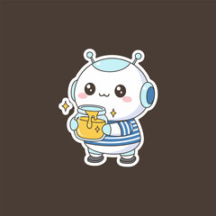 Cute Robot Character Holding a Jar of Honey Illustration.